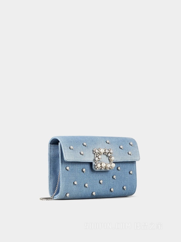 Flower Strass 珍珠钻扣牛仔布手拿包 浅蓝色