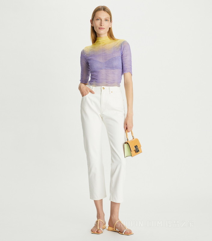 中腰七分牛仔裤 粉刷色