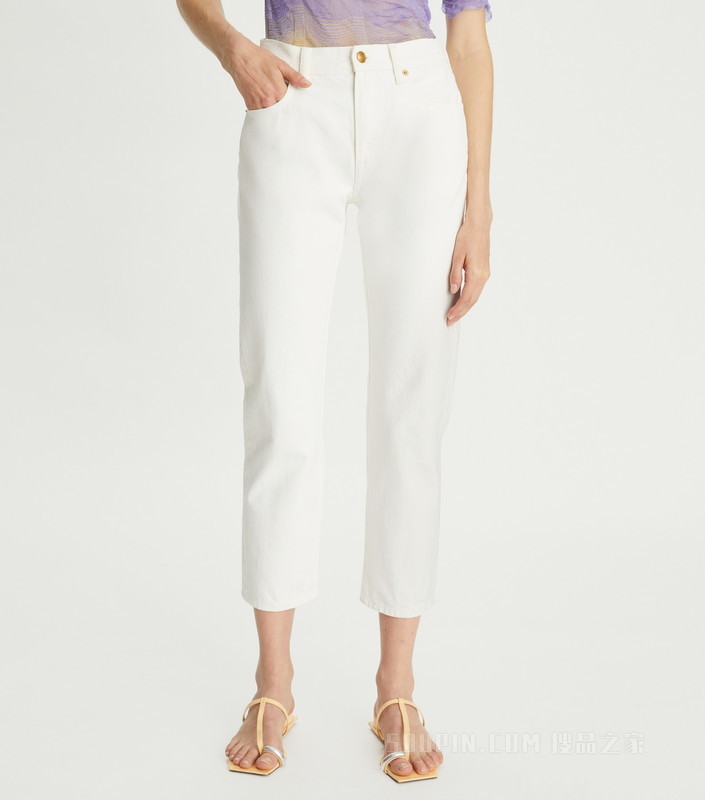 中腰七分牛仔裤 粉刷色