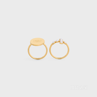 TRIOMPHE FOLK金色饰面黄铜和树脂珍珠戒指2枚套装 23703