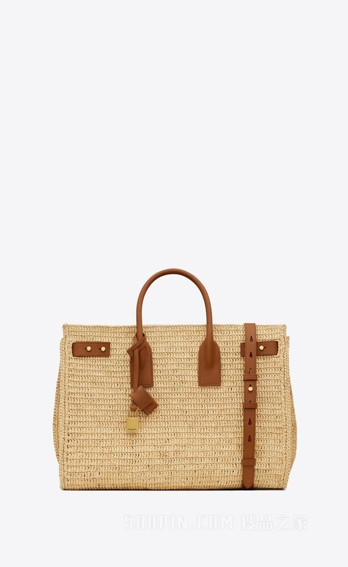 SAC DE JOUR中号拉菲草和植鞣皮革柔软手袋