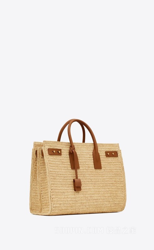 SAC DE JOUR中号拉菲草和植鞣皮革柔软手袋