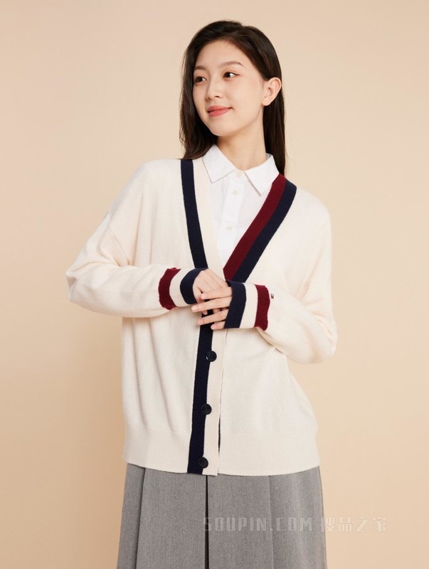 23新款秋冬女装羊毛羊绒混纺拼色纽扣V领宽松针织开衫39535