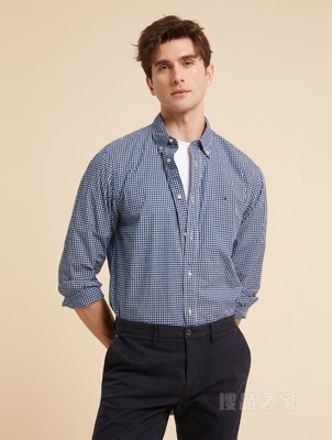 23新款秋冬男装纯棉简约绣标小格纹合身长袖衬衫XM0XM02578