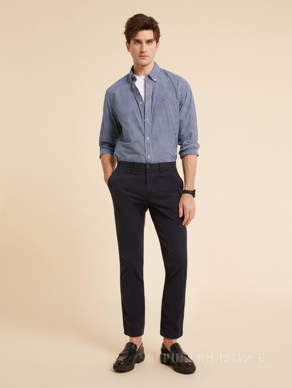 23新款秋冬男装纯棉简约绣标小格纹合身长袖衬衫XM0XM02578