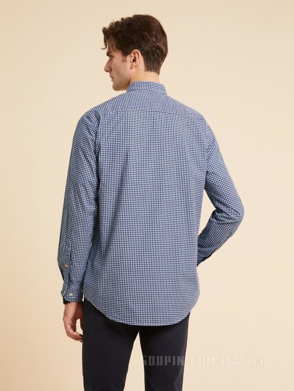 23新款秋冬男装纯棉简约绣标小格纹合身长袖衬衫XM0XM02578