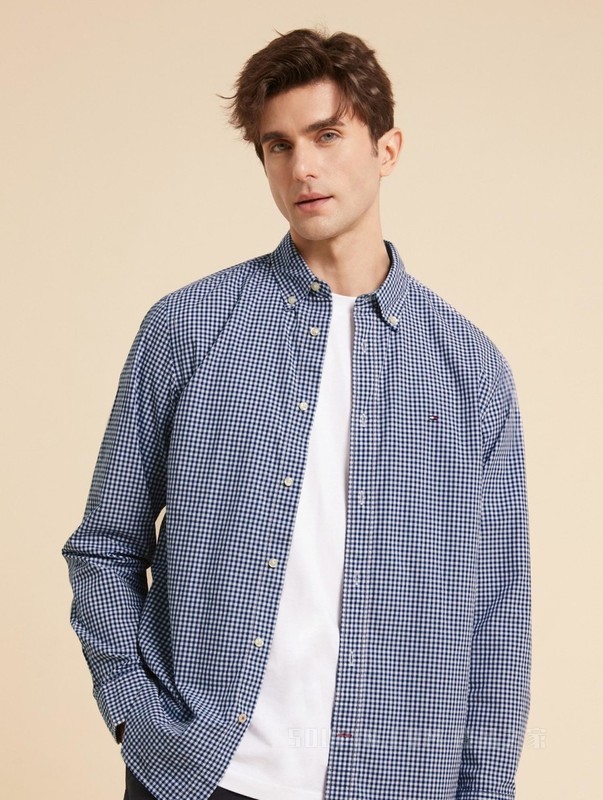 23新款秋冬男装纯棉简约绣标小格纹合身长袖衬衫XM0XM02578