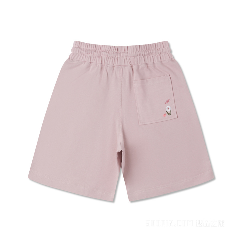 【女子】女宽松花朵图案运动中裤五分裤 女款 粉红色
