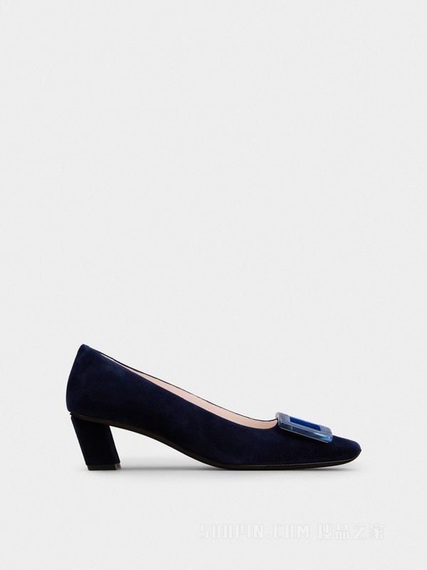 Belle Vivier Stone Buckle Pumps in Suede 蓝色