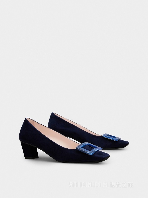 Belle Vivier Stone Buckle Pumps in Suede 蓝色