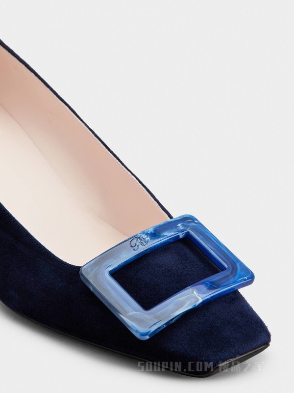 Belle Vivier Stone Buckle Pumps in Suede 蓝色