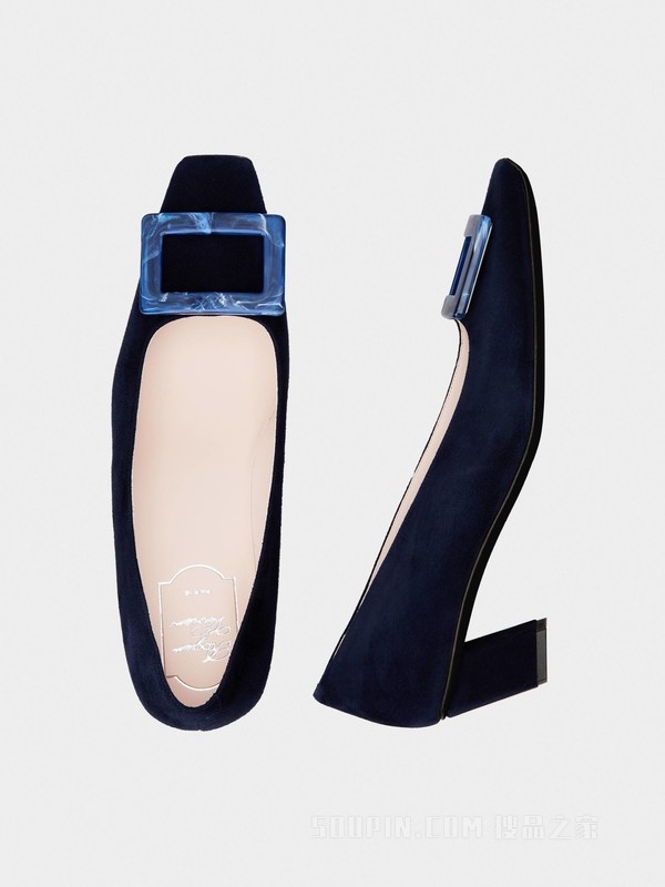 Belle Vivier Stone Buckle Pumps in Suede 蓝色