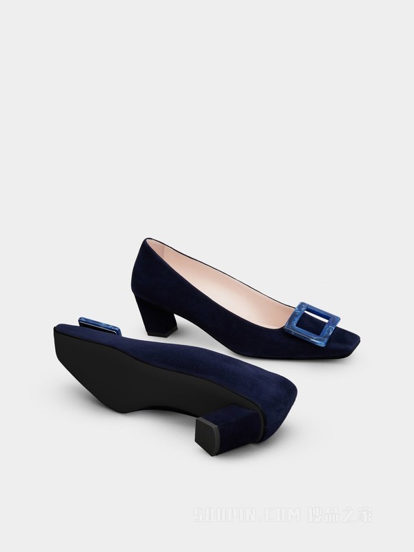Belle Vivier Stone Buckle Pumps in Suede 蓝色