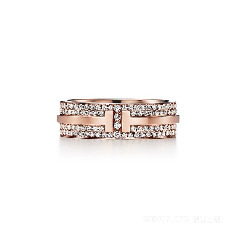 Tiffany T 系列 18K 玫瑰金铺镶钻石宽式戒指，宽 5.8 毫米。