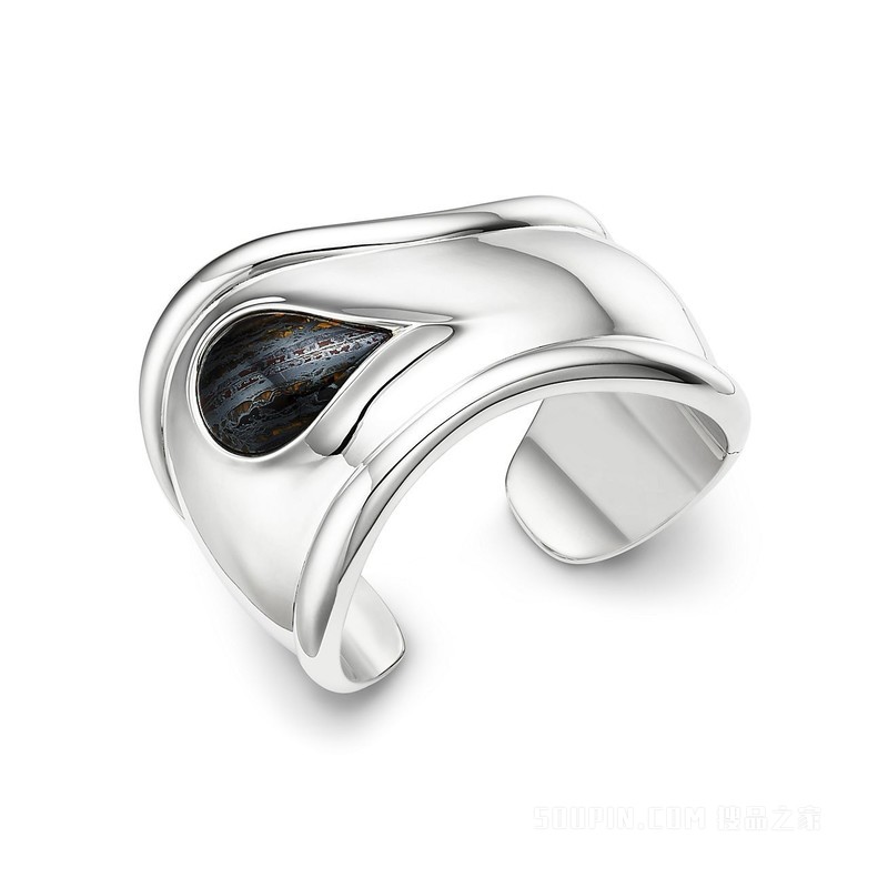 Elsa Peretti® 系列纯银镶嵌虎铁石小号 Bone Cuff，宽 43 毫米
