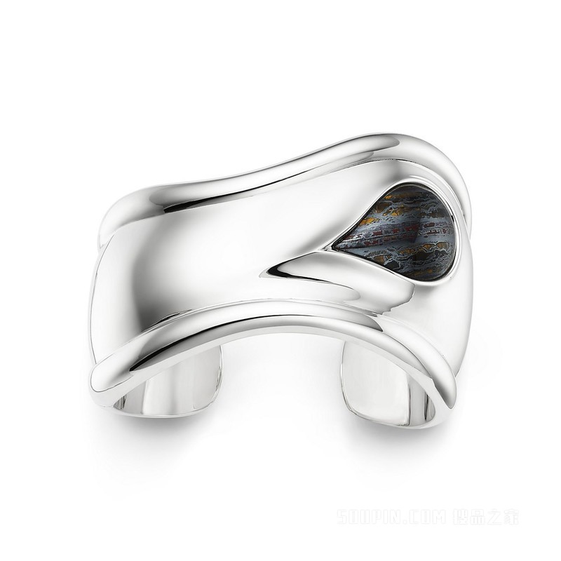 Elsa Peretti® 系列纯银镶嵌虎铁石小号 Bone Cuff，宽 43 毫米