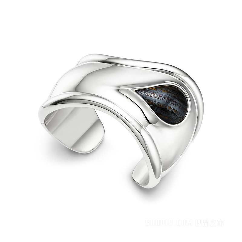 Elsa Peretti® 系列纯银镶嵌虎铁石小号 Bone Cuff，宽 43 毫米