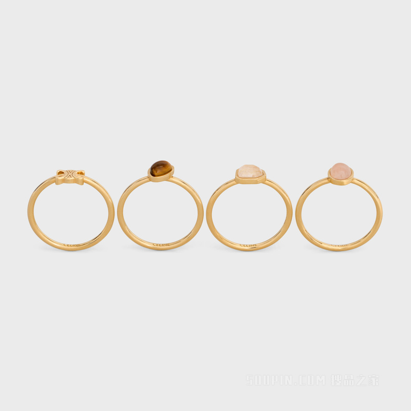 TRIOMPHE INDIE金色饰面黄铜、发晶、粉色石英和虎眼石戒指4枚套装 24565
