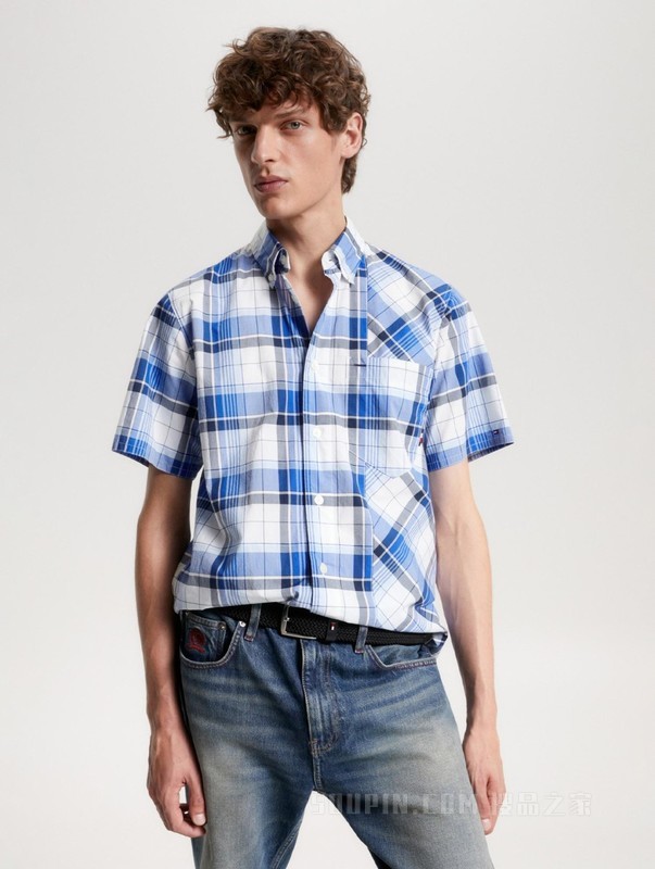 23新款春夏男装肌理府绸不规则格纹合身短袖衬衫MW0MW31768