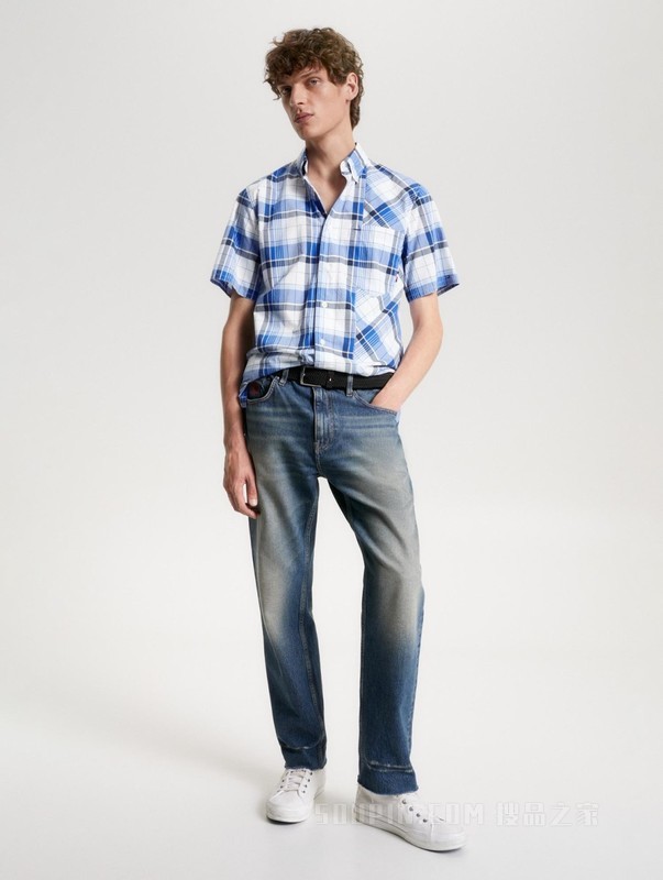 23新款春夏男装肌理府绸不规则格纹合身短袖衬衫MW0MW31768