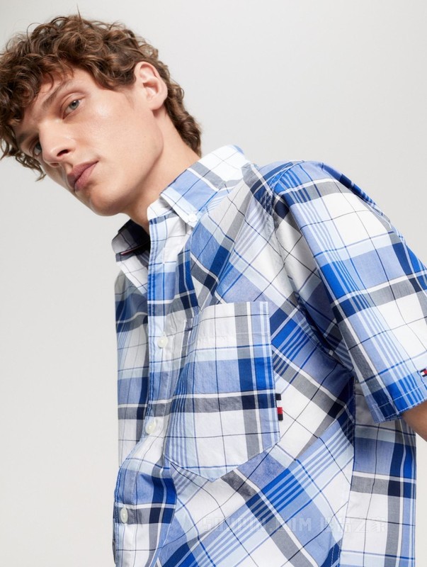 23新款春夏男装肌理府绸不规则格纹合身短袖衬衫MW0MW31768