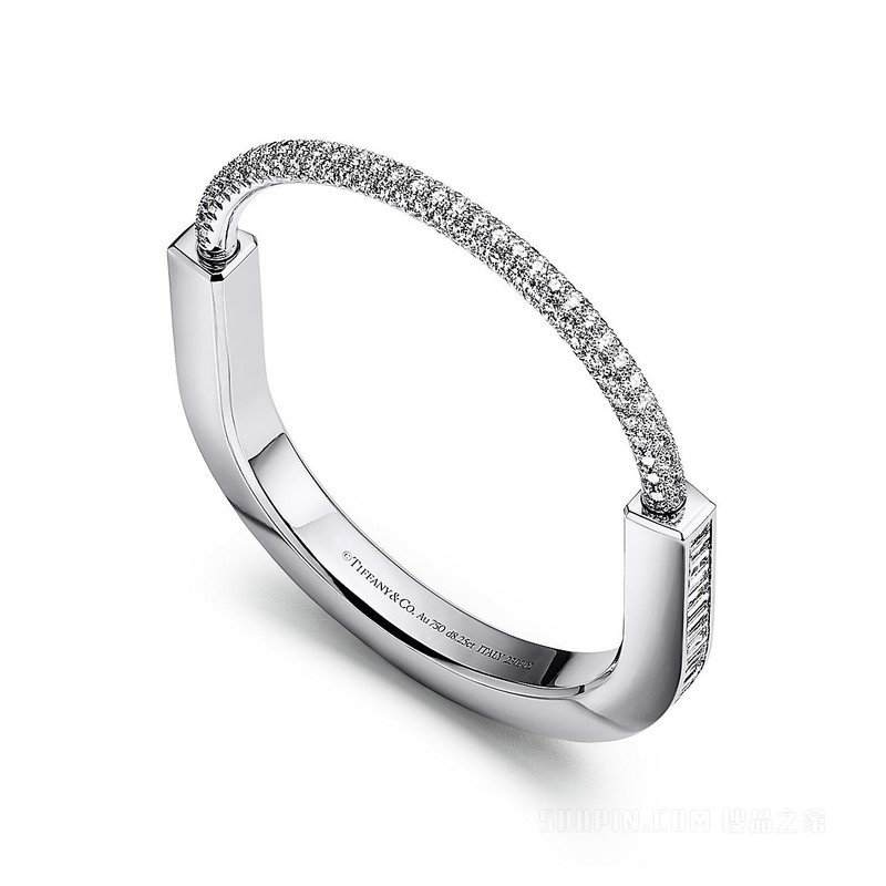 Tiffany Lock 系列 18K 白金镶嵌梯方形钻石和铺镶钻石手镯