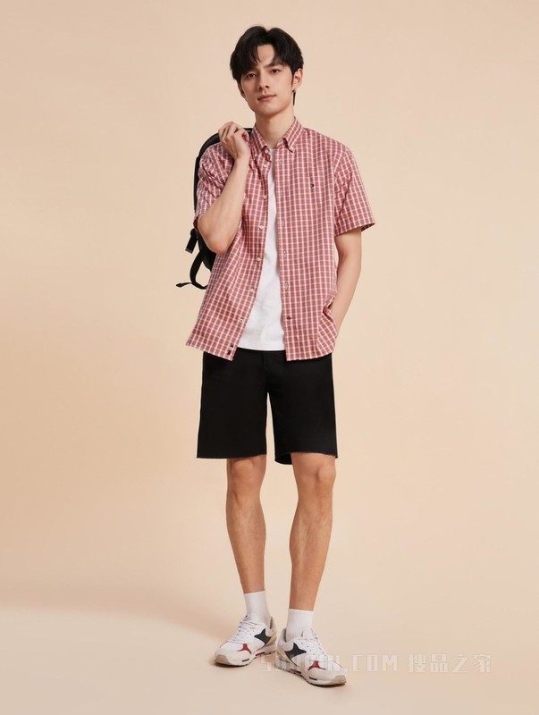 23新款春夏男装纯棉牛津纺时尚格纹尖角扣短袖衬衫30092