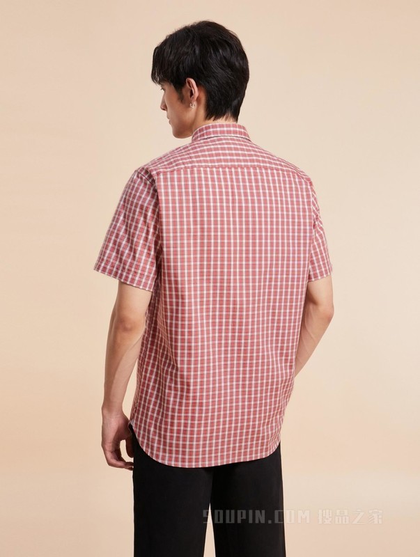 23新款春夏男装纯棉牛津纺时尚格纹尖角扣短袖衬衫30092