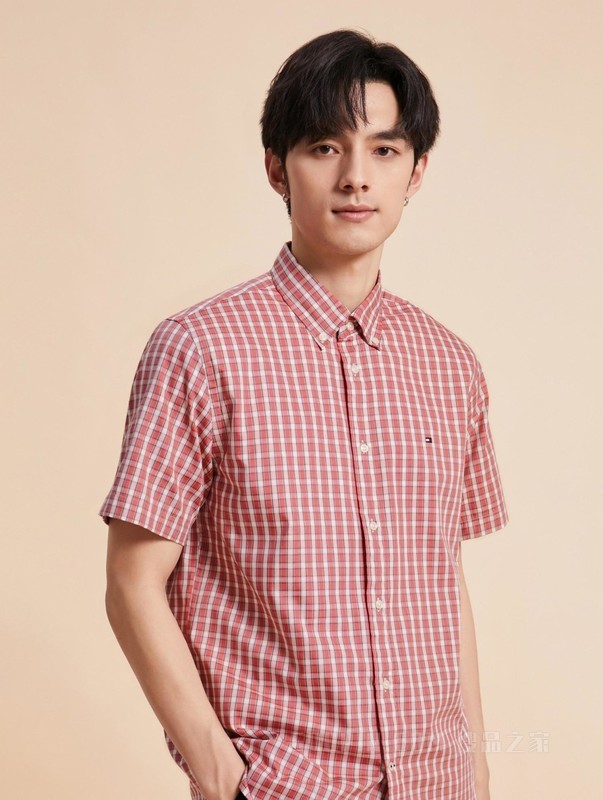 23新款春夏男装纯棉牛津纺时尚格纹尖角扣短袖衬衫30092