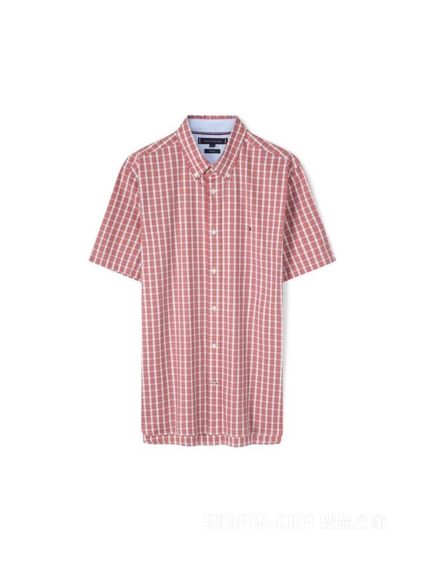 23新款春夏男装纯棉牛津纺时尚格纹尖角扣短袖衬衫30092