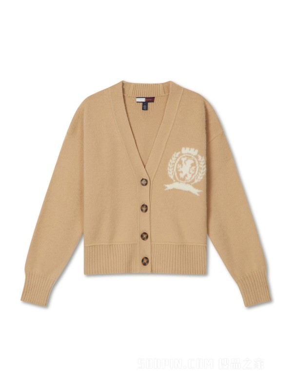 23新款秋季女装纯羊毛时尚徽章提花宽松落肩针织外套39522