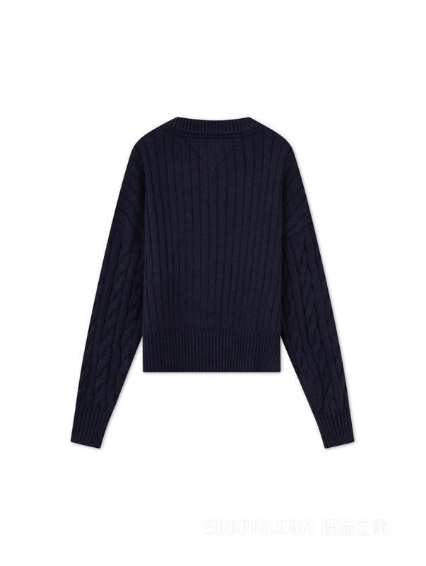 23新款秋冬女美式复古旗标刺绣绞花宽松针织开衫外套16529