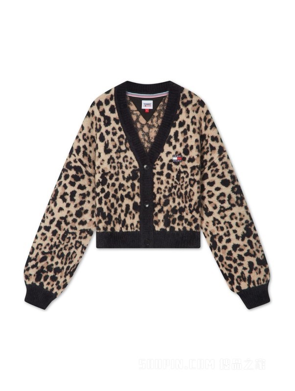 23新款秋季女装豹纹图案宽松高腰短款毛绒针织开衫16518