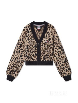 23新款秋季女装豹纹图案宽松高腰短款毛绒针织开衫16518