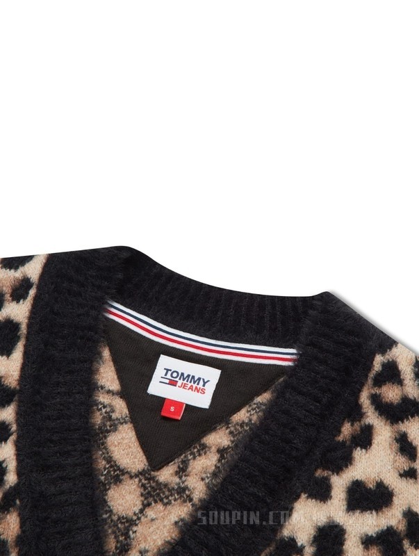 23新款秋季女装豹纹图案宽松高腰短款毛绒针织开衫16518