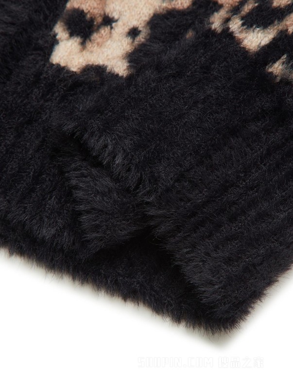 23新款秋季女装豹纹图案宽松高腰短款毛绒针织开衫16518