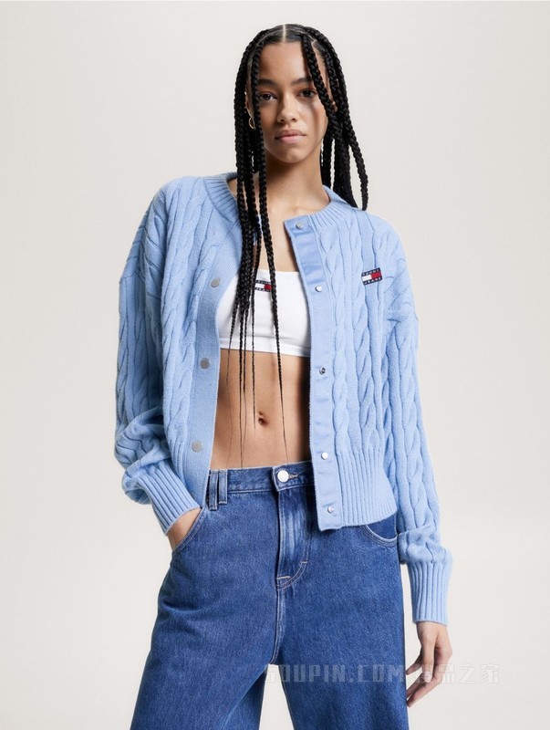 23新款秋冬女美式复古旗标刺绣绞花宽松针织开衫外套16529