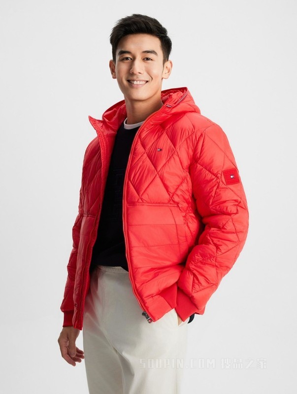 23新款秋冬男菱形格运动合身保暖连帽铺棉夹克外套32766