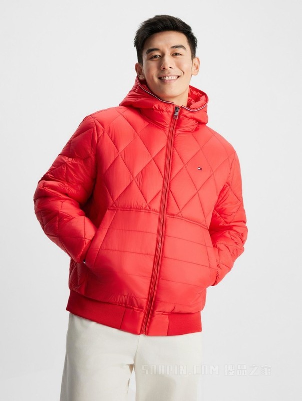 23新款秋冬男菱形格运动合身保暖连帽铺棉夹克外套32766