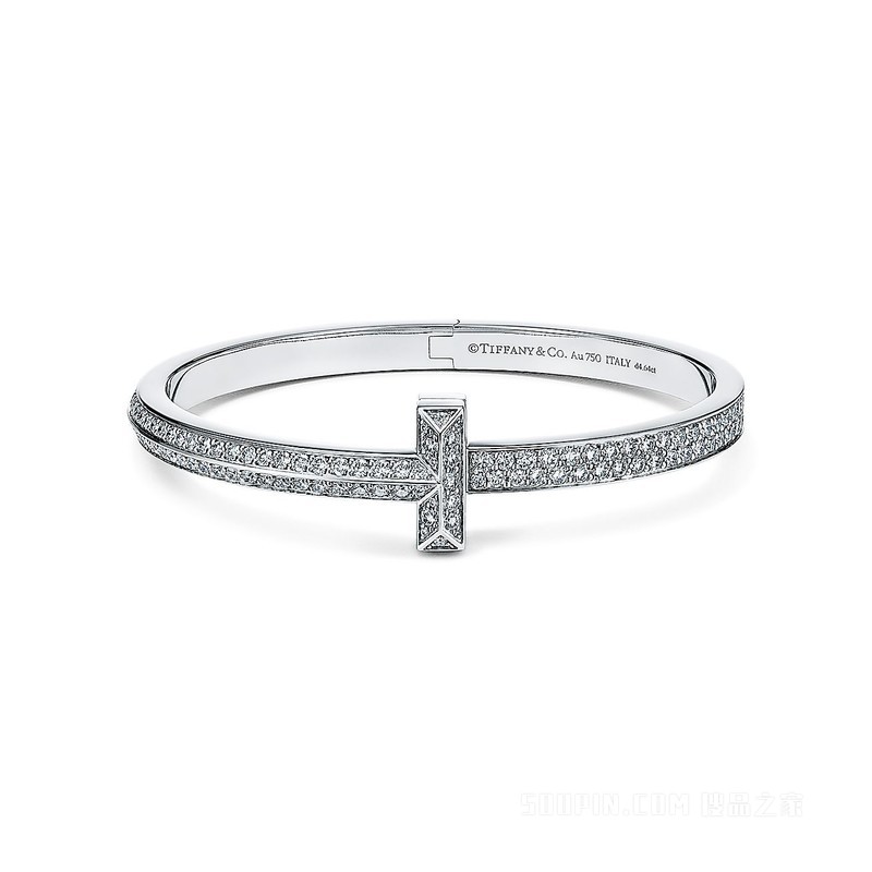 Tiffany T 系列 T1 18K 白金镶钻宽式手镯，小号。