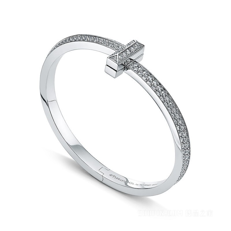 Tiffany T 系列 T1 18K 白金镶钻宽式手镯，小号。