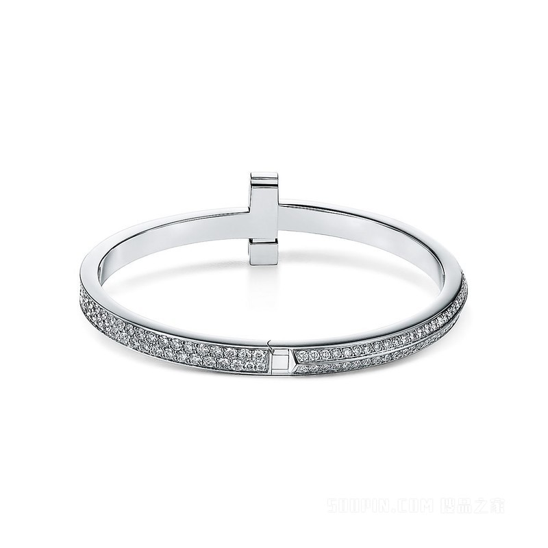 Tiffany T 系列 T1 18K 白金镶钻宽式手镯，小号。