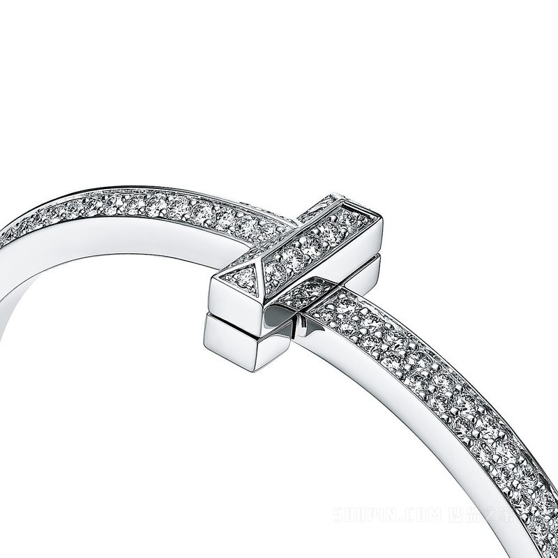 Tiffany T 系列 T1 18K 白金镶钻宽式手镯，小号。
