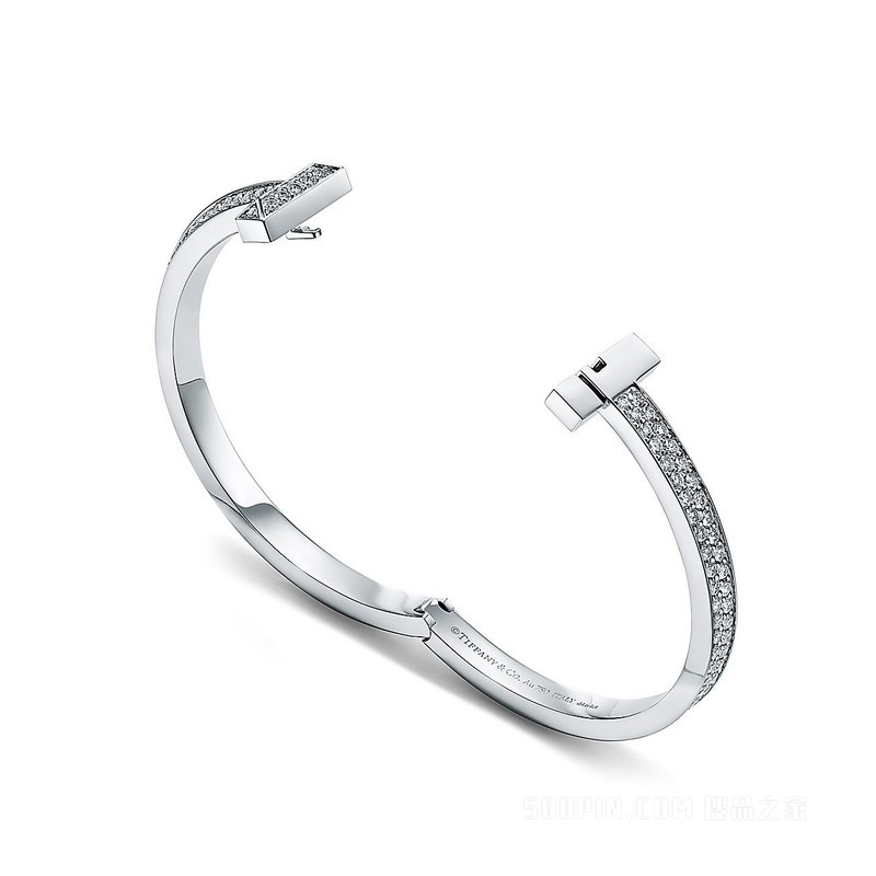 Tiffany T 系列 T1 18K 白金镶钻宽式手镯，小号。