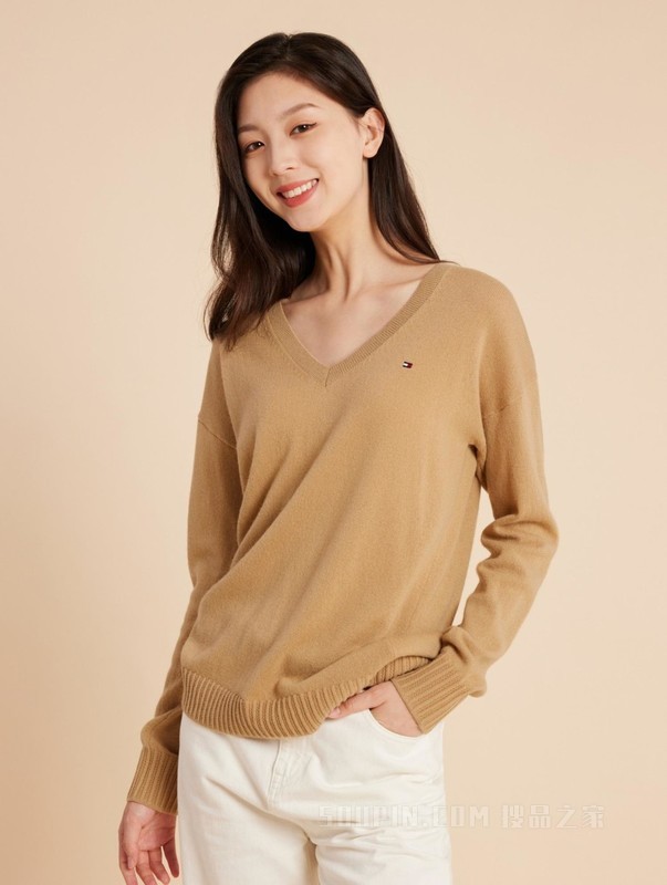 23新款秋冬女装羊毛羊绒混纺绣标V领针织衫毛衣XW0XW02680