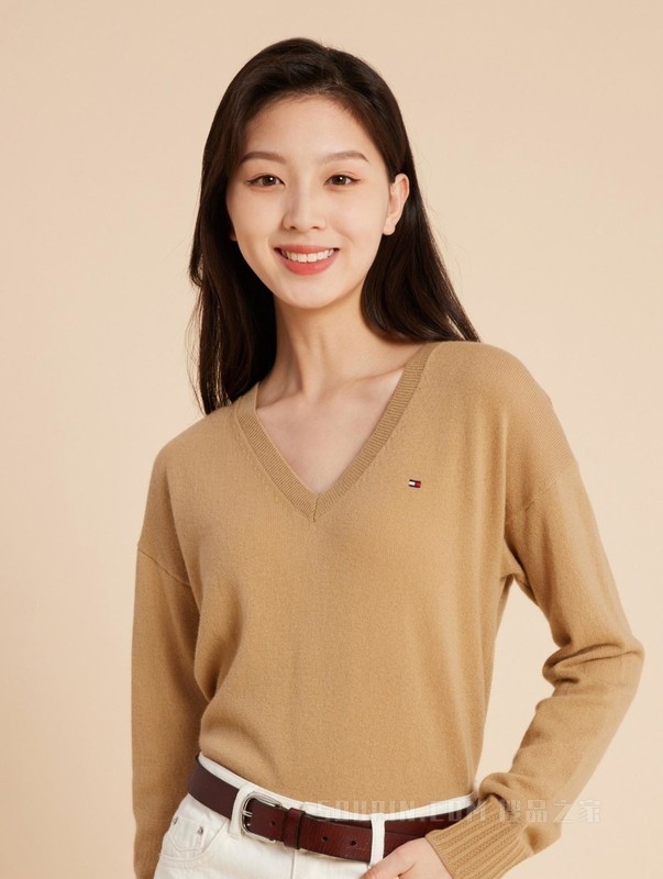 23新款秋冬女装羊毛羊绒混纺绣标V领针织衫毛衣XW0XW02680