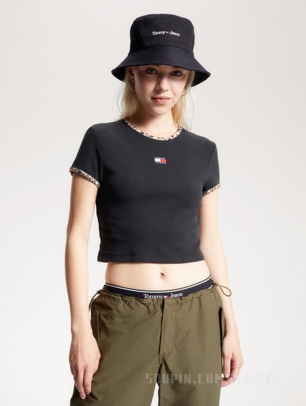 23新款秋季女装豹纹图案镶边街头短款针织短袖上衣16506