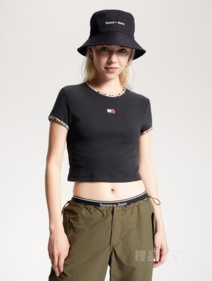 23新款秋季女装豹纹图案镶边街头短款针织短袖上衣16506