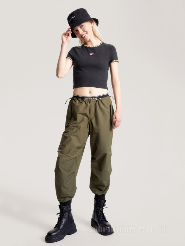 23新款秋季女装豹纹图案镶边街头短款针织短袖上衣16506