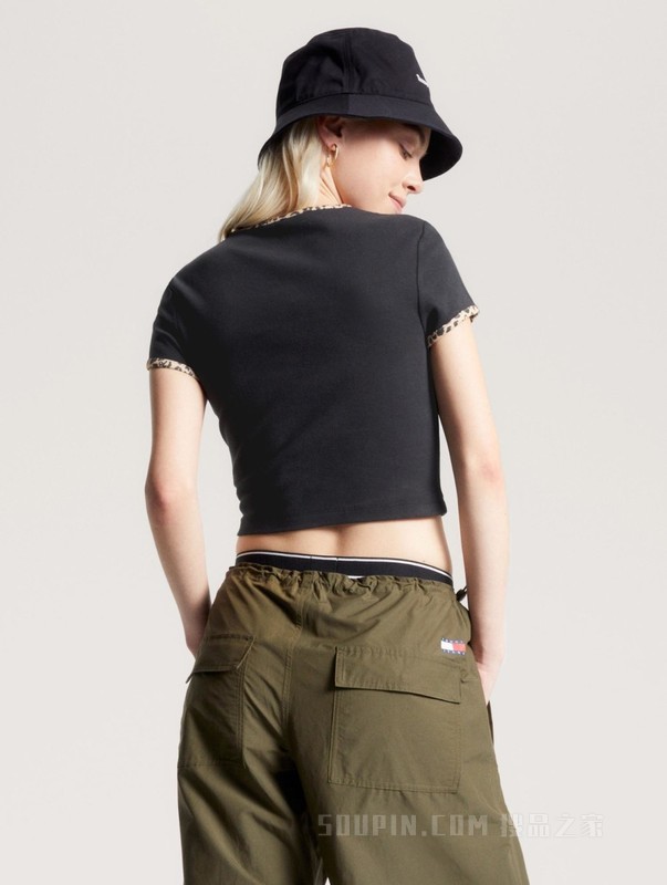 23新款秋季女装豹纹图案镶边街头短款针织短袖上衣16506